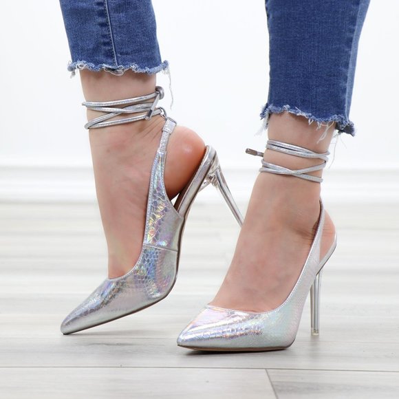 Holograpic Ankle Lace Strap Pointy Toe High Heel - Picture 12 of 16